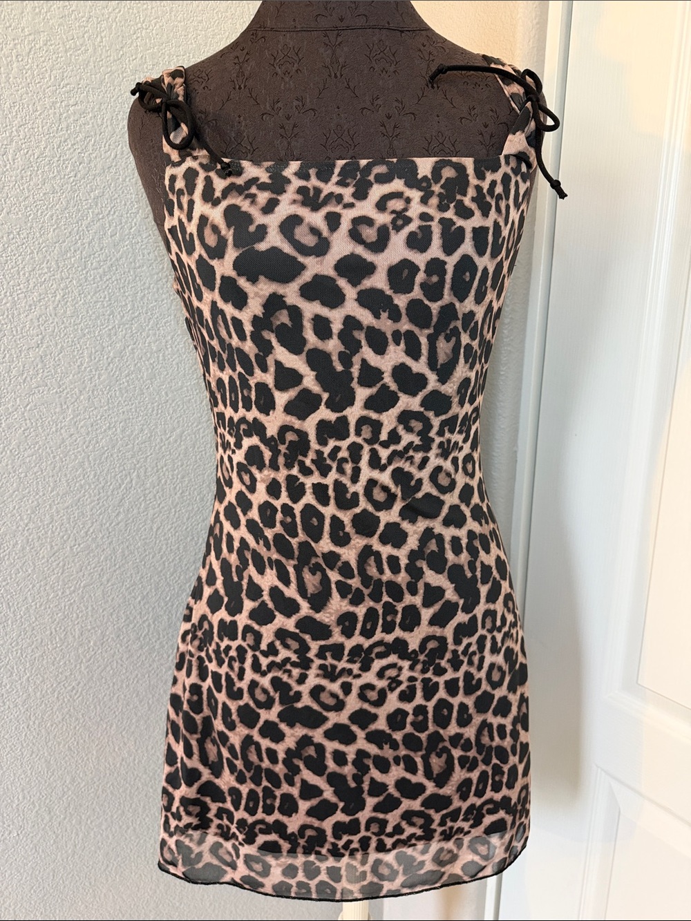 Amazon Leopard Print Tie-Shoulder Mini Dress in Blush and Black - Picture 3 of 10